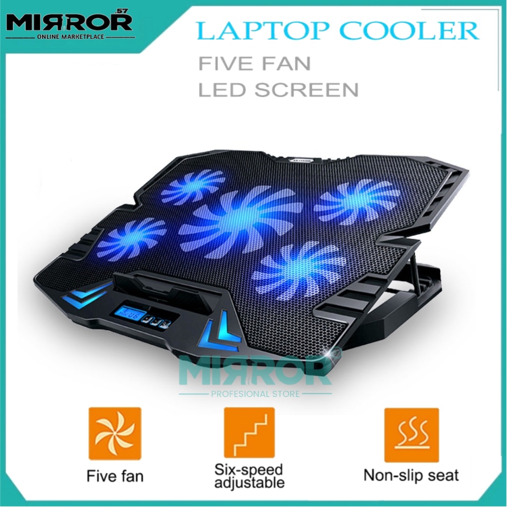 Cooling Pad Laptop 5 Kipas LCD Screen Display Alas Pendingin Laptop 6 Speed Adjustable 2 USB Port