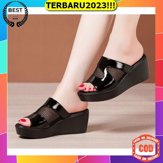 Wedges Sendal Spon Import Pita Korea Casual Lembut Tebal Tinggi 9Cm Sendal Sandal Wanita Dn26C50 Abb