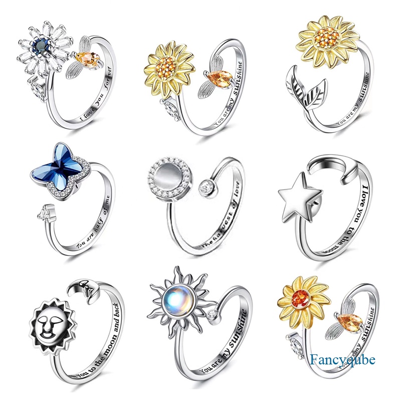 Kristal Pernikahan Jari Spinner Cincin Fidget Anxiety Ring Untuk Wanita Manik-Manik Daisy Menghilangkan Memutar Cincin Anti Stres Mainan Untuk Gadis