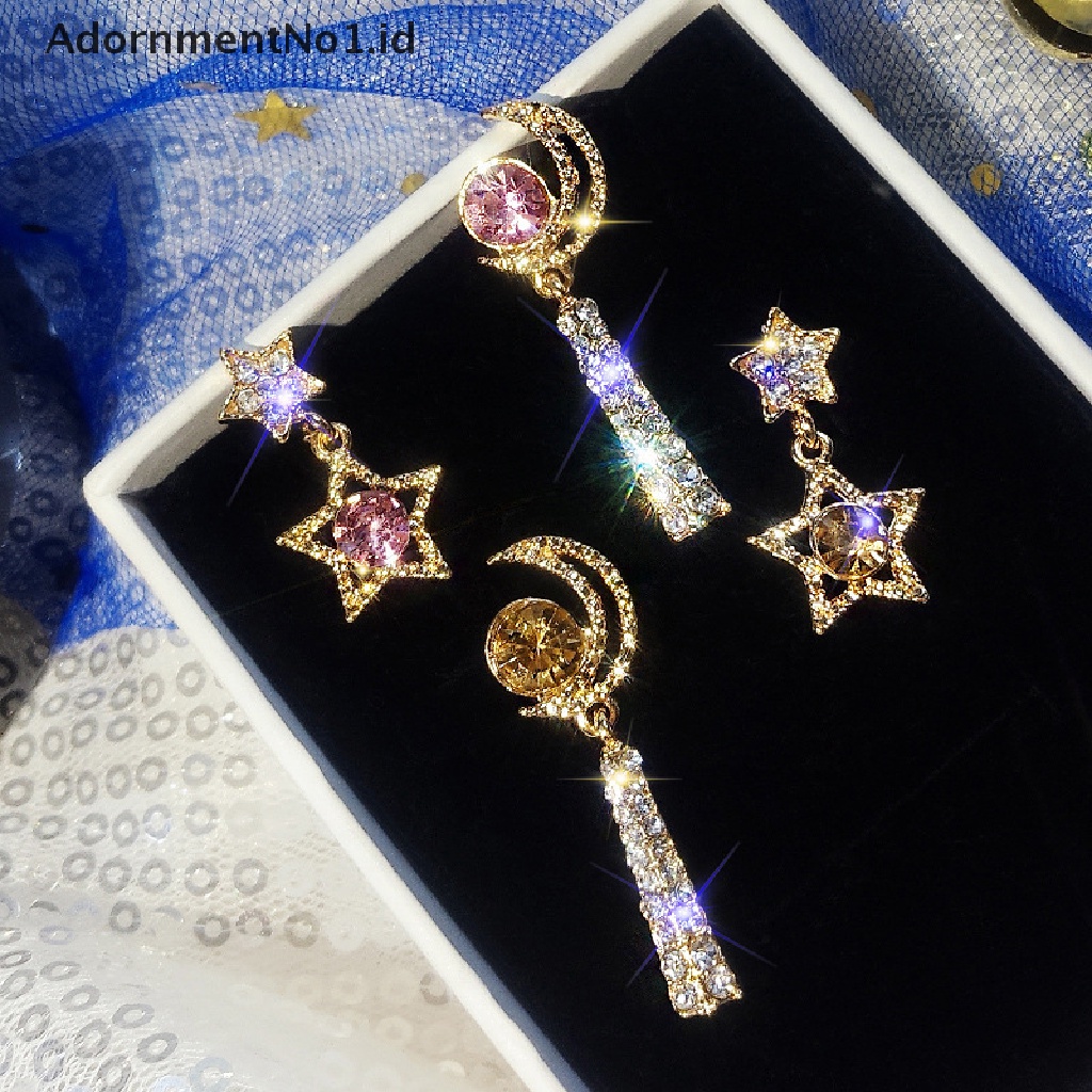 [AdornmentNo1] Fashion Kristal Asimetris Bintang Bulan Drop Menjuntai Anting Pernyataan Perhiasan Hadiah [ID]