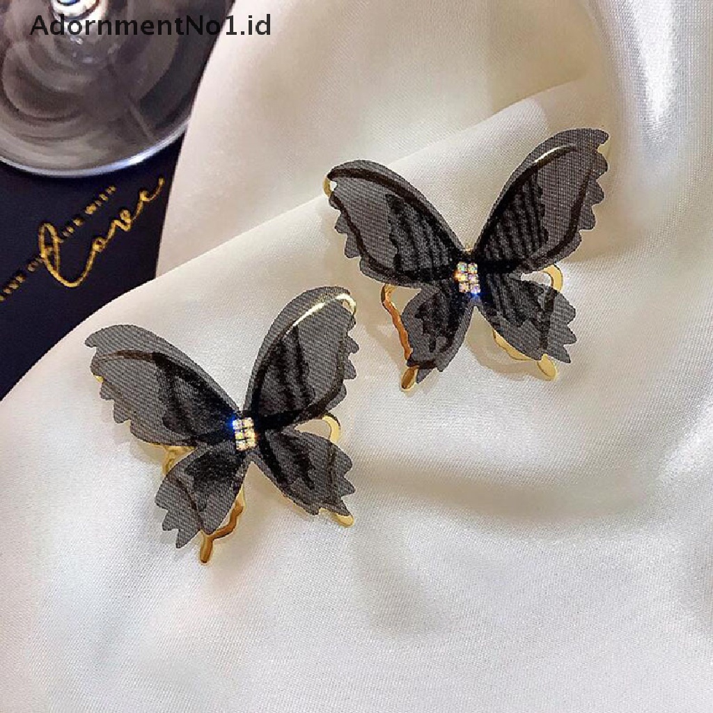 [AdornmentNo1] Anting Kupu-Kupu Jala Besar Romantis Tulle Hewan Hitam Putih Butterfly Stud Earrings Pesta Pernikahan Fashion Perhiasan [ID]