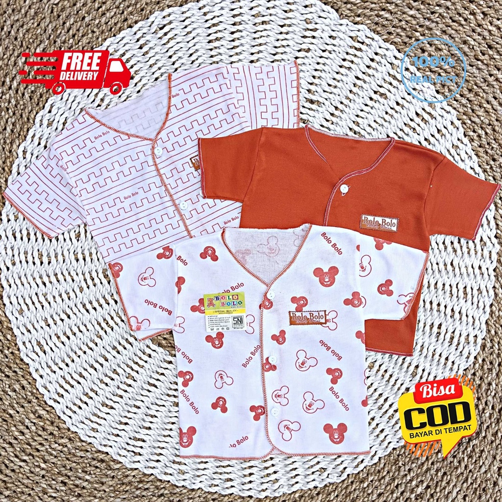 SALE 7.7 Serian Merah Bata - 3 pcs Baju Bayi Tangan Pendek Bayi Baru Lahir 0 sd 3 Bulan Brick Red Series merk SNI Bolo - Bolo