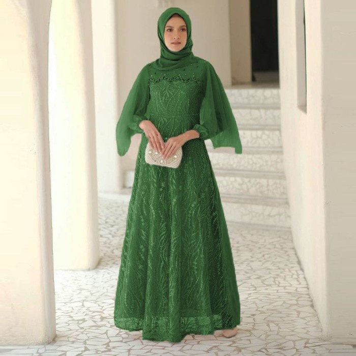 GAMIS LUNA / MAXI GAMIS / GAMIS KONDANGAN / GAMIS PESTA / GAMIS BRUKAT - HIJAU BOTOL, M