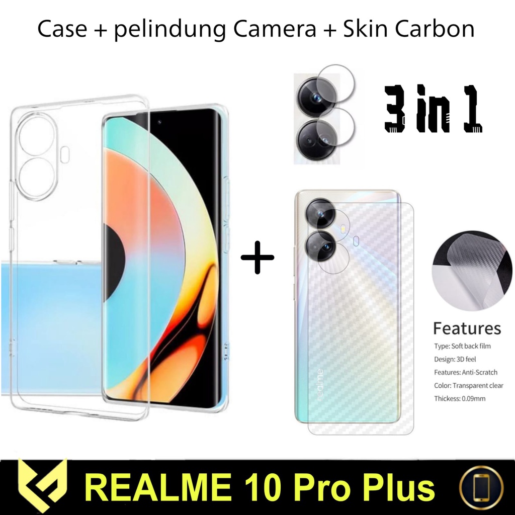 Promo Paket 3In1 Case For REALME 10 PRO PLUS / REALME 10 PRO 5G / REALME 10 SoftCase Clear HD Free Tempered Glass Camera &amp; Skin Carbon Anti Gores Jamur Handphone