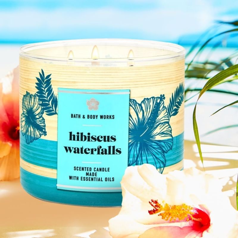 BATH &amp; BODY WORKS BBW HIBISCUS WATERFALLS MADE WITH ESSENTIAL OILS WHITE BARN 1 SINGLE WICK SCENTED CANDLE 198 G PENGHARUM RUANGAN