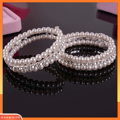 {oneworld} Fashion Wanita Elegan Putih Mutiara Imitasi Berlian Imitasi Peregangan Bangle Gelang