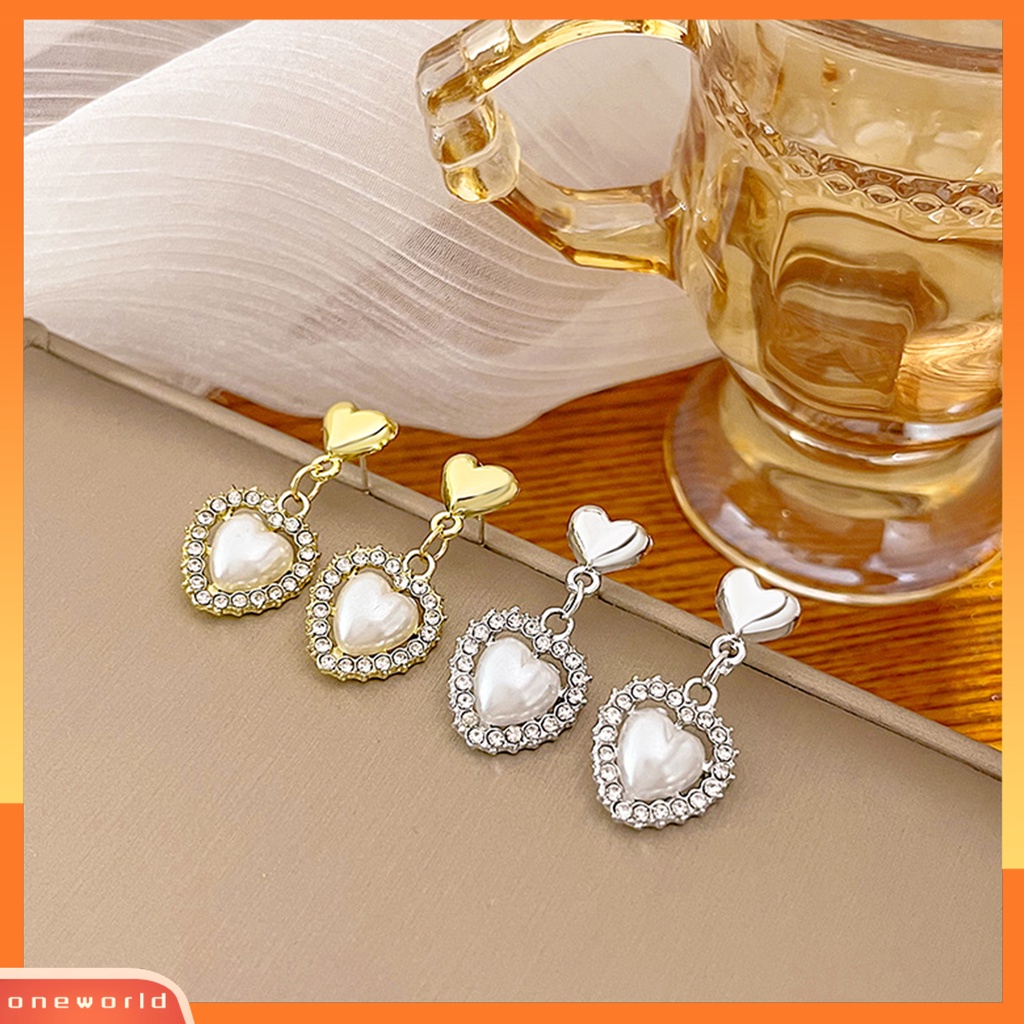 [ONWL] 1pasang Anting Pejantan Elegan Hadiah Fashion Perhiasan Berlian Imitasi Mengkilap Cinta Hati Mutiara Imitasi Menjuntai Anting Untuk Hari Valentine