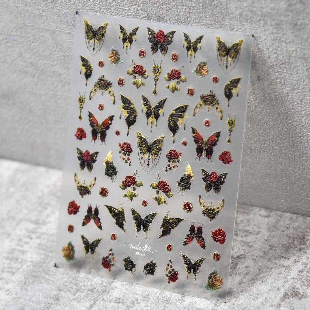 AUGUSTINA Agustina Butterfly Stiker Kuku Retro 3D Relief Kupu-Kupu Merah Self Adhesive Nail Art Dekorasi