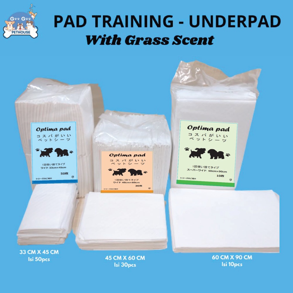 Underpad Training Pad Alas Pipis Anjing Kucing Kelinci Perlak Merek OPTIMA PAD Uk. 33x45, Uk. 45x60, Uk. 60x90 (PACK)