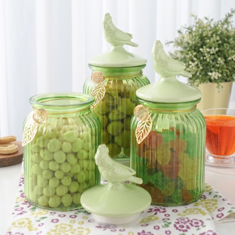 HARGA 1pcs Toples Lebaran Kaca Kedap Udara Hijau 900ml / MMS Toples Montella Stripe Love Bird