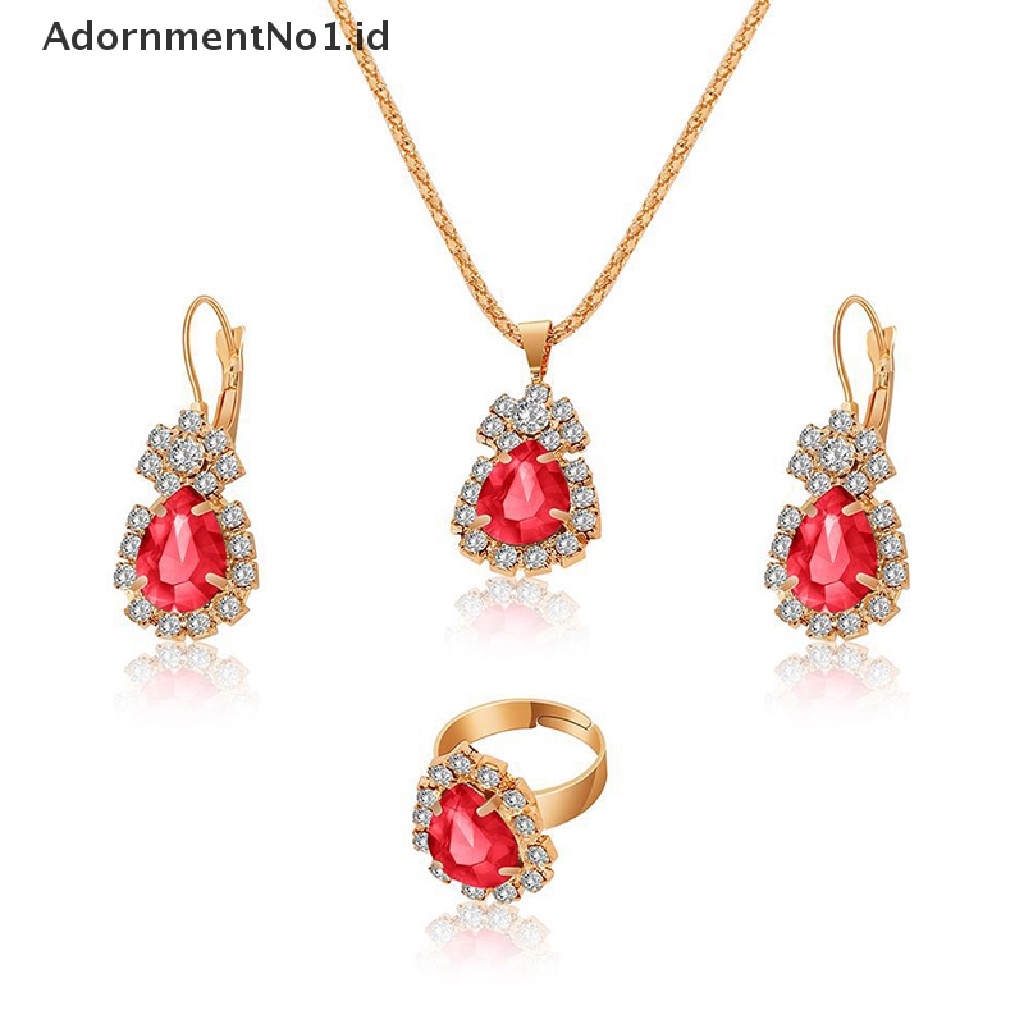 [AdornmentNo1] Fashion Eropa Amerika Perhiasan Liontin Anting Cincin Set Pengantin Dekorasi Hadiah Tetesan Air Berlian Kalung Anting Rings Set [ID]