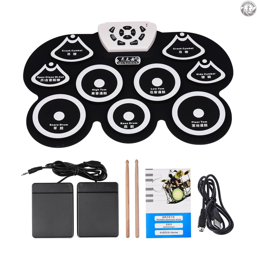 [In Stock] Kit Pad Drum Elektronik Gulung USB Digital Lipat Portabel Silikon Dengan Stik Dan Pedal Kaki