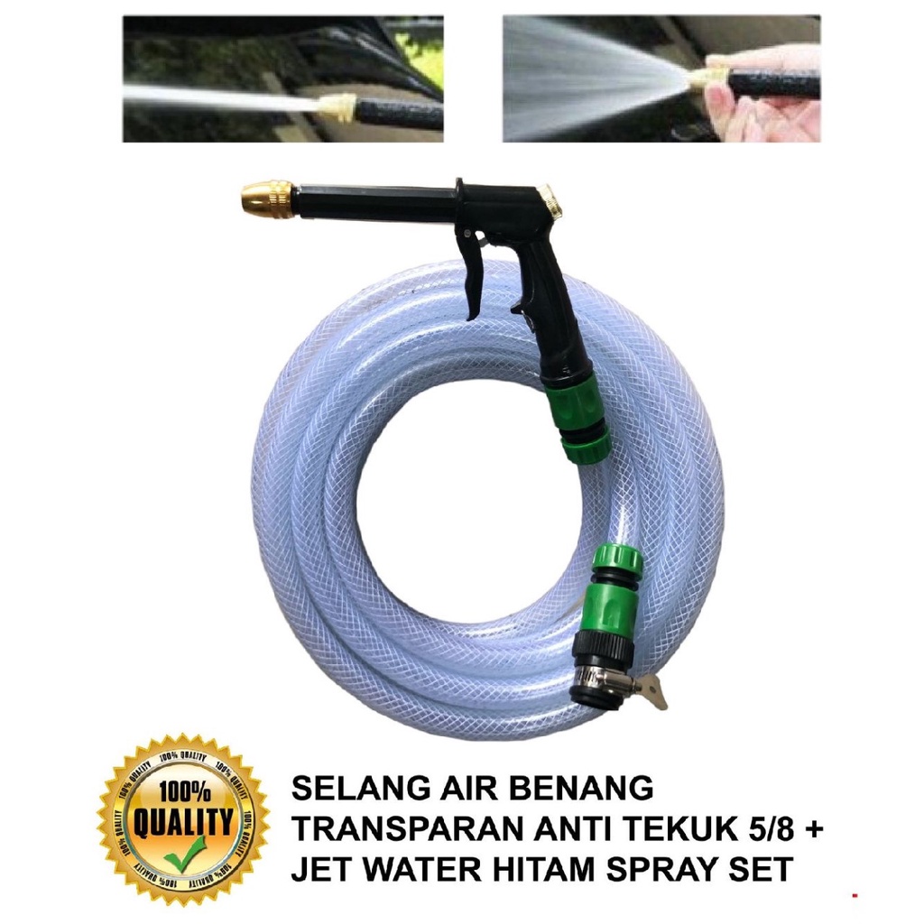 SELANG AIR BENANG TRANSPARAN ANTI TEKUK 5/8 + JET WATER HITAM SPRAY
