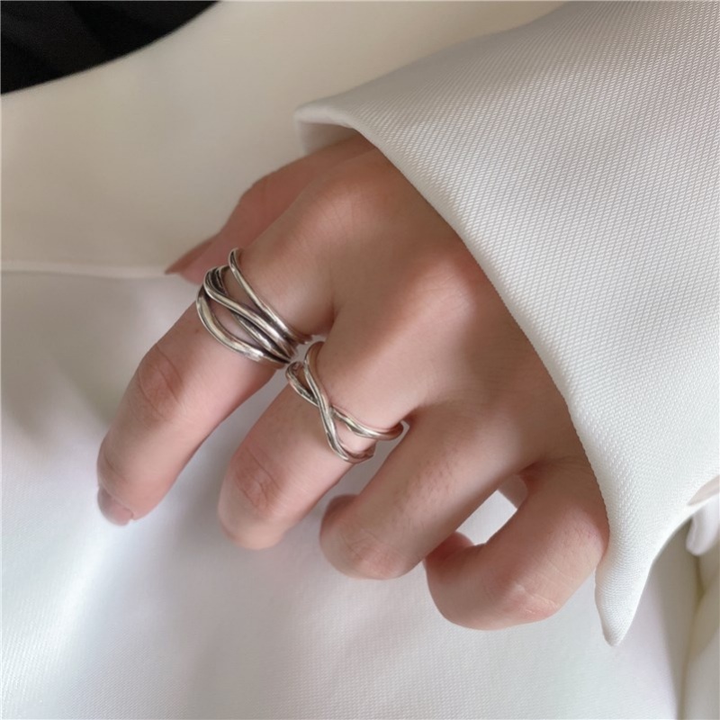 We Flower 2 Pcs Minimalis Retro Perak Garis Silang Terbuka Cincin Set Untuk Wanita Pria Unisex Fashion Jari Manset Cincin Perhiasan