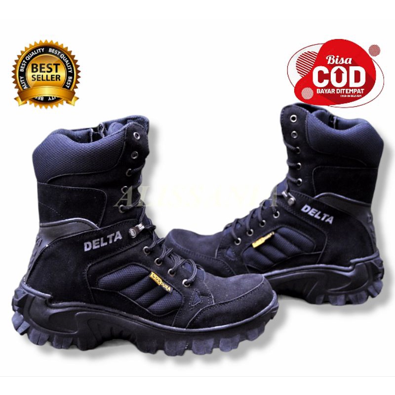 SEPATU BOOTS DELTA TINGGI HITAM TERBARU UJUNG BESI DINAS LAPANG