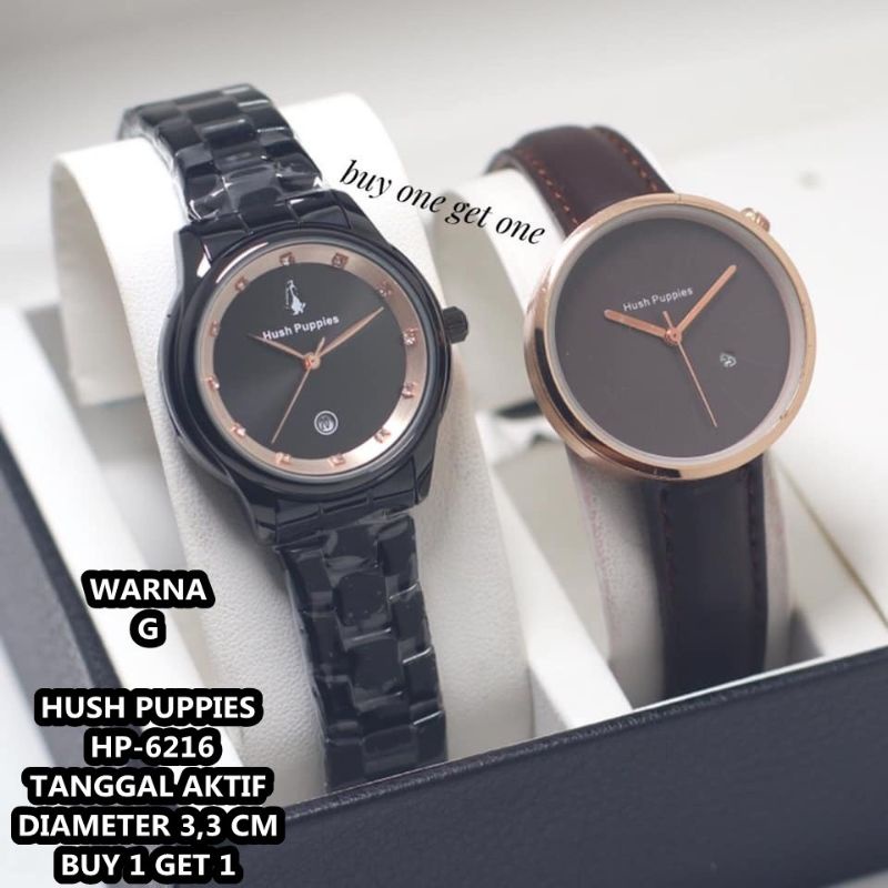 (Cod)Jam Tangan Wanita Buy1 Get1 Hushpuppies Mata&quot; Rantai+Hp Bulat Kulit Tanggal Aktif Strap Kulit/Rantai(Dikirim Jakarta)