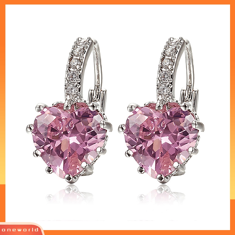 {oneworld} Wanita Mewah Pink Cinta Hati Berlian Imitasi Berlapis Emas Leverback Hoop Earrings