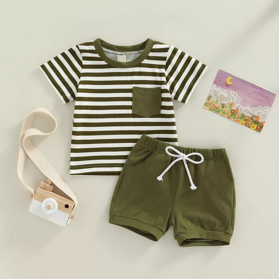 VS - SETELAN ANAK ALFA Setelan baju anak laki laki ALFA set kaos motif salur dan celana pendek anak unisex usia 1-5tahun