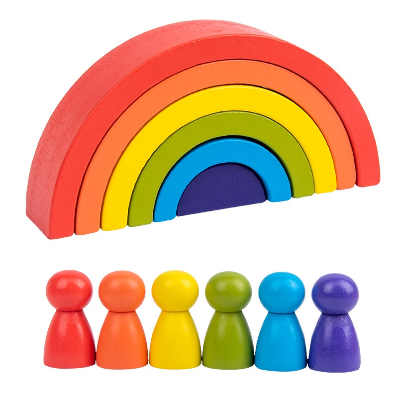 WE Mainan Montessori Wooden Rainbow Block + Peg Doll Balok Pelangi