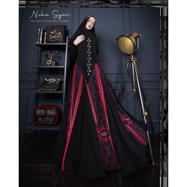 nuha syari belifi premium gamis set khimar busui branded mewah motif real picture