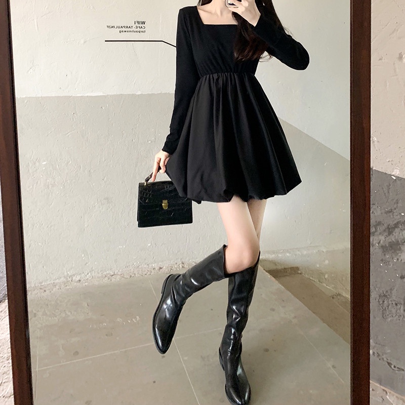 Wanita mini berleher persegi gaun hitam kasual dress Lengan Panjang