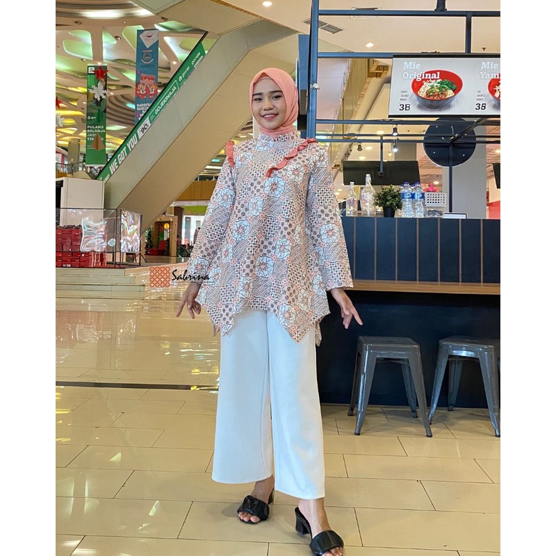 Shula Blouse Atasan Batik Kerja Kantor Wanita Pastel Rampel Ruffle Cantik Modis Modern Kekinian Soft