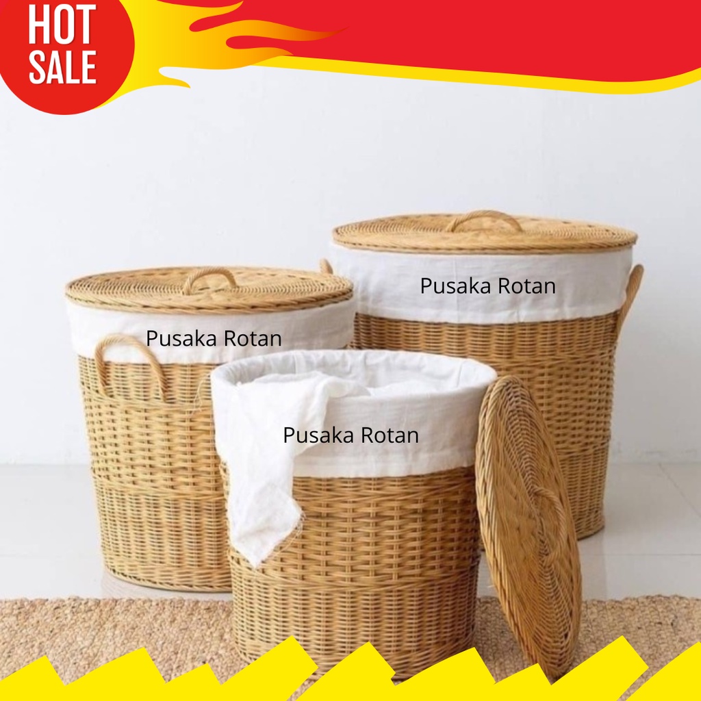 Keranjang Laundry Rotan / Keranjang Baju Kotor Dengan Tutup Dan Kain Serbaguna Anyaman Rotan Asli