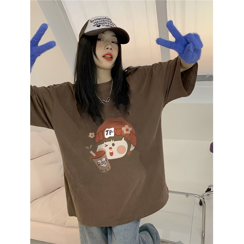 100%  Katun Vintage Kaos Lengan Pendek Cream Atasan Wanita Oversize Cartoon Girl Printed T-shirt Kekinian Korean Style/kaos wanita jumbo