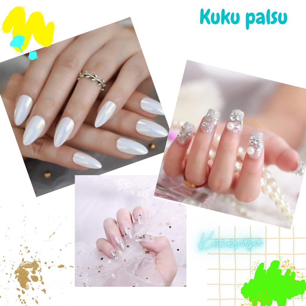 KUKU PALSU + LEM FAKE NAILS WEDDING PENGANTIN PANJANG PENDEK POLOS BENING TEMPEL OVAL ANAK