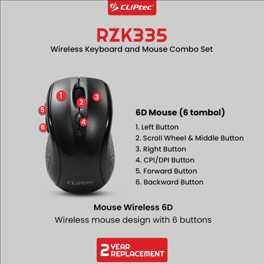 Mouse keyboard cliptec wireless 2.4ghz combo membrane fullsize 104 keys round 1600dpi optical 6d rzk335 rzk-335