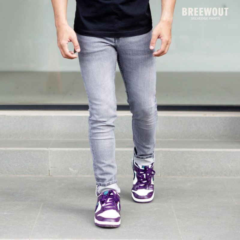 BREEWOUT - Celana Jeans selvedge accent pria denim panjang hitam polos slim fit Clana Jeans laki lak