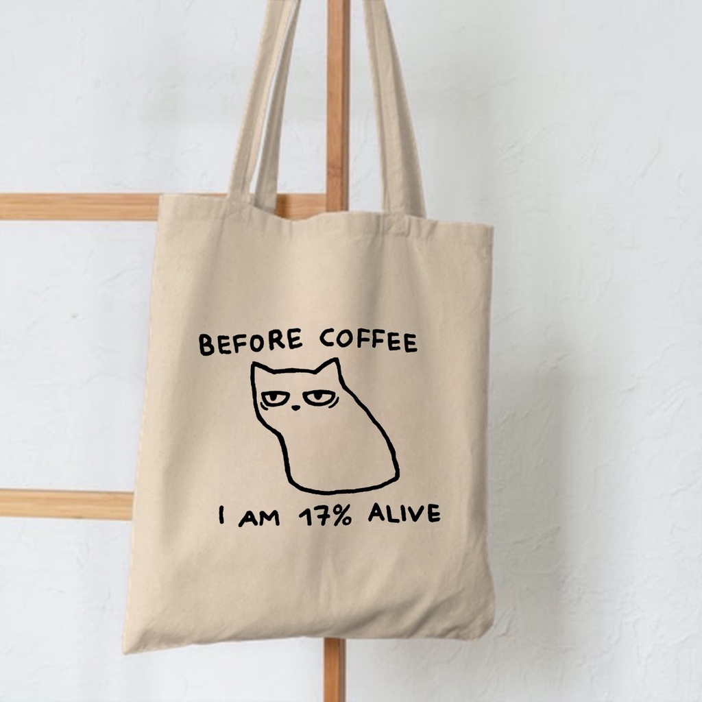 HOT SALE 2.2 [BISA COD] TOTEBAG MOTIF CAT BEFORE COFFEE TOTE RESLETING TERBARU 2023 / TOTEBAG KPOP / TOTE BAG KPOP / KOREA / GOT7 / SEVENTEEN/ IKON/ ANIMAL / ICE CREAM TOTE UKURAN BESAR RESLETING KANVAS WARNA HITAM MARUN NAVY KREM