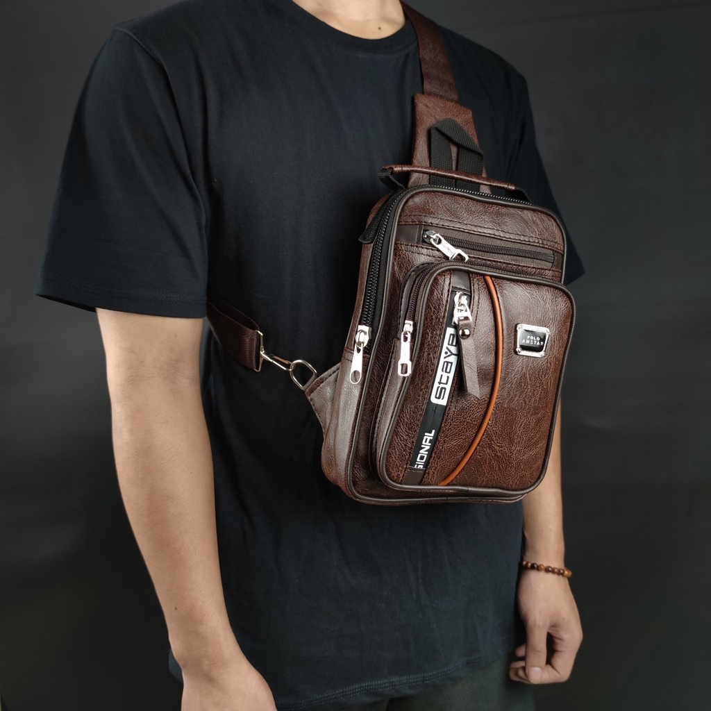 Slingbag Kulit PU Leather Original Polo Amstar Waterproof Tas Selempang Pria