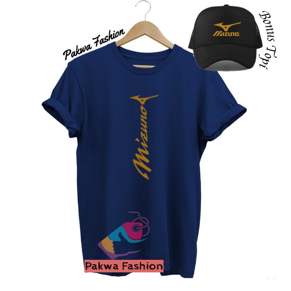 Bonus Topi Kaos Distro Lengan Pendek Mizuno Garis Lurus Gold Baju Tshirt Polos Pria Wanita Dewasa Ke