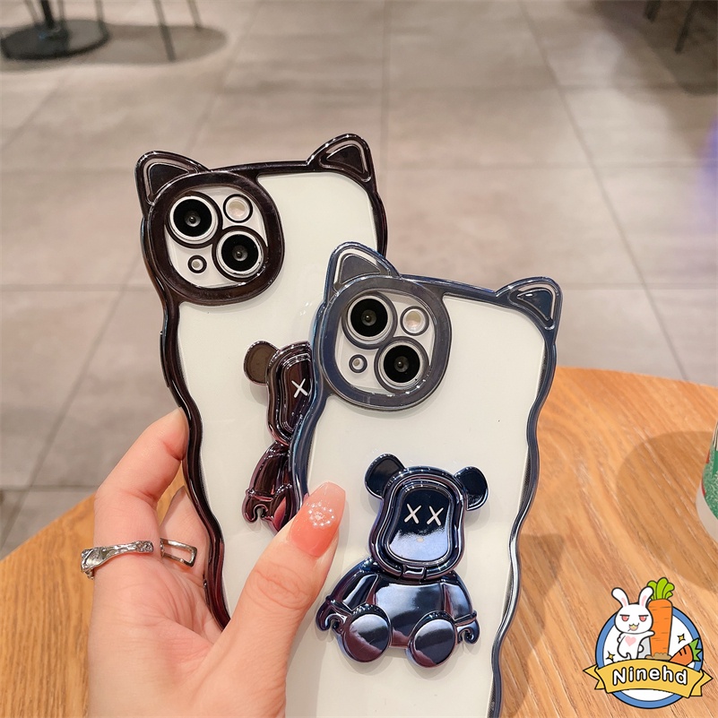 IPHONE Casing Kompatibel Untuk Iphone14 13 12 11 Pro Max Xr Xs Max Se8 7 Plus Telinga Kucing Electroplating Phone Case Lensa Metal Full Cover Bear Bracket Shockproof Soft Case Cover Pelindung