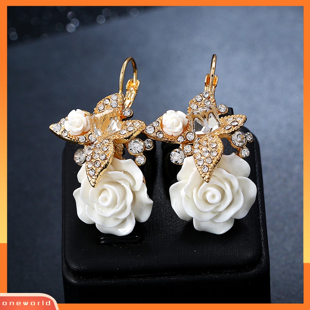 {oneworld} 1pasang Anting Wanita Bunga Berlian Imitasi Vintage Electroplating Anting Gesper Telinga Tahan Lama Untuk Pernikahan