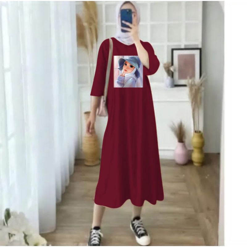 DRESS WANITA OVERSIZE HIJAB TOPI LENGAN 3 4