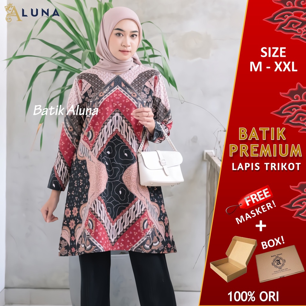 Baju Batik Wanita Tunik Lengan Panjang Katun Lapis Trikot Premium Modern Original Batik Kerja Kantor Kondangan Size M L XL XXL