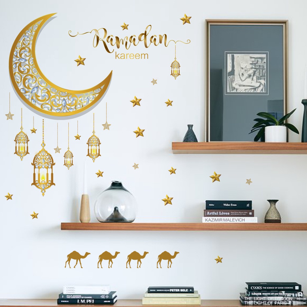 Ramadhan Lebaran Stiker Dinding Festival Pesta Dekorasi Perlengkapan Bulan Bintang Lentera Dinding Decal Self-adhesive Diukir Wallpaper Tahan Debu Dekorasi Seni Indoor