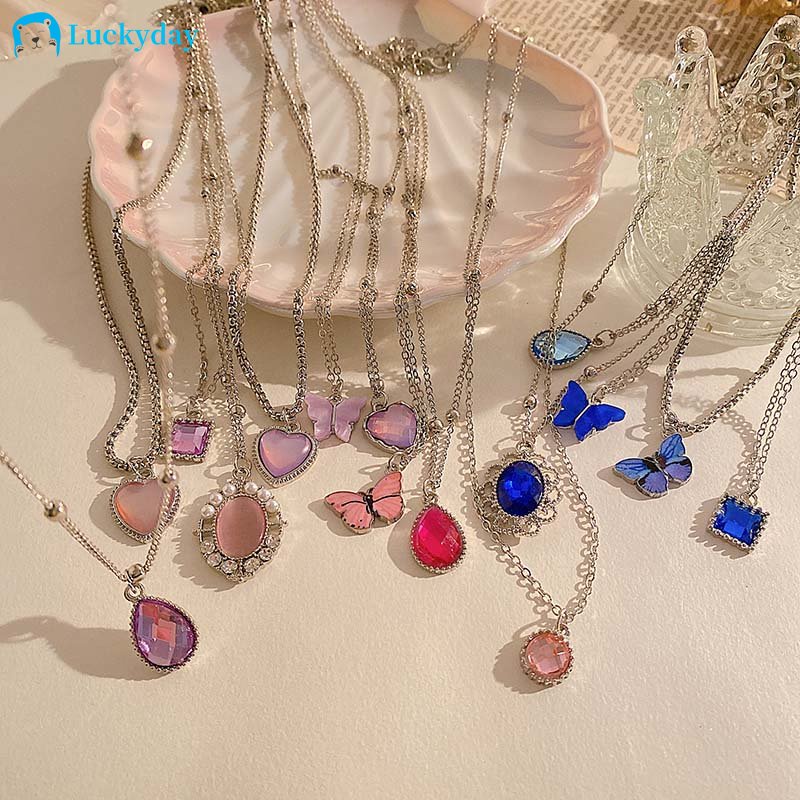 YEEZII Set Kalung Rantai Liontin Permata Warna-Warni Hati Butterfly Silver Choker Necklace Untuk Wanita Fashion Aksesoris Perhiasan
