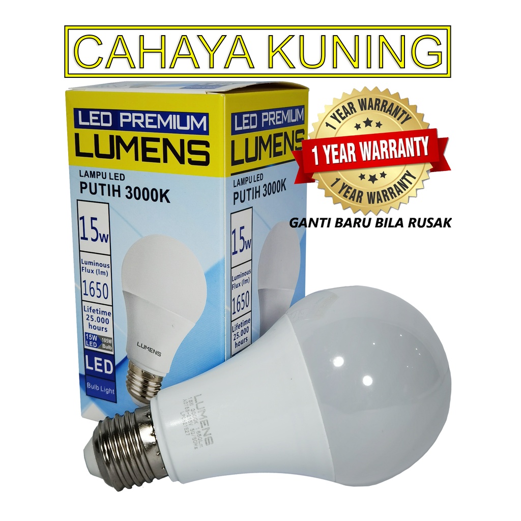 Lampu LED LUMENS 15w 15 watt 15watt PUTIH atau KUNING TERANG MURAH, 110++ Lm/W (umumnya 90 Lm/W)