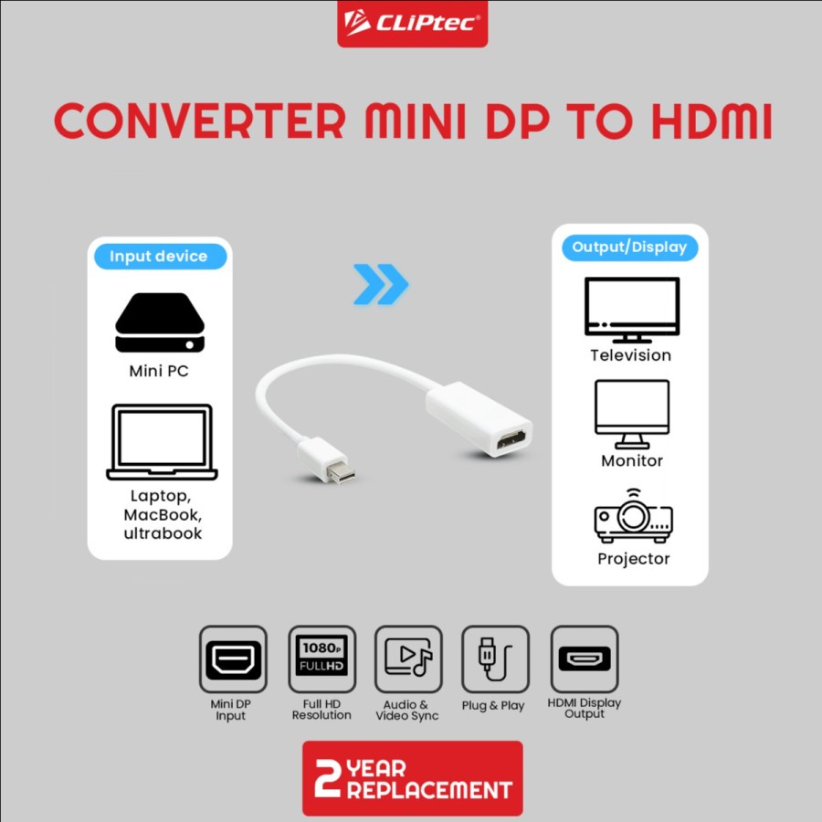 Mini Displayport to hdtv converter cable cliptec 1080p FHD for macbook pc cpu imac - Konverter mini dp display port to hdtv full hd
