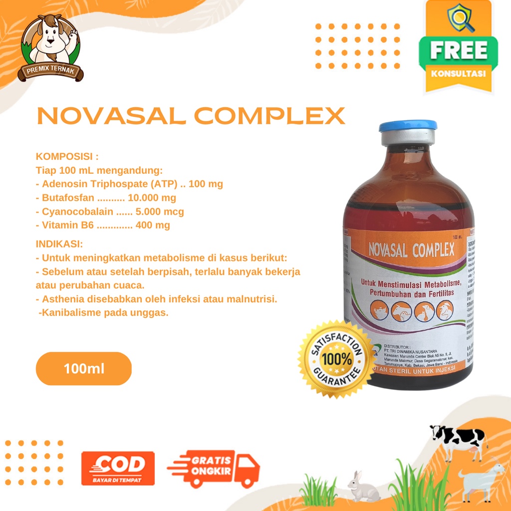 NOVASAL COMPLEX 100ml - Meningkatkan Metabolisme, Pertumbuhan, Kesuburan - Butafosfan, ATP, Vitamin B12 - Like Catosal Butasal