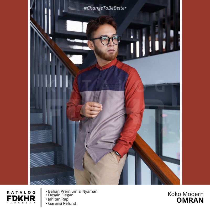 Baju Fadkhera OMRAN Kemeja Koko Modern Baju Kemeja Pria Kemeja Pria Orange Terracota Kemeja Kombinas