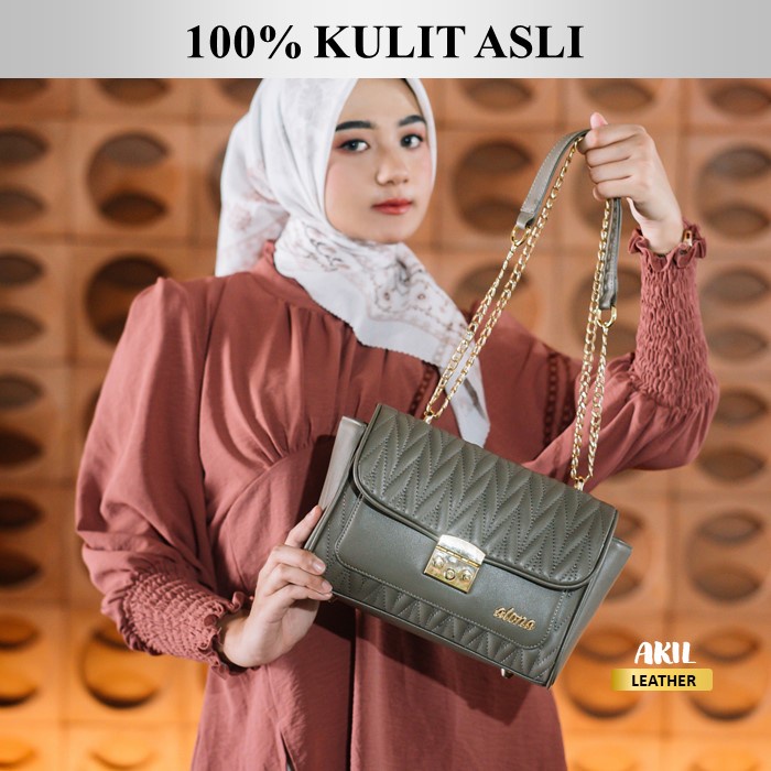 Tas Wanita Branded Model Selempang Slempang Bahu Bahan 100% Kulit Sapi Asli Original Alona Mika Leather Sling Bag