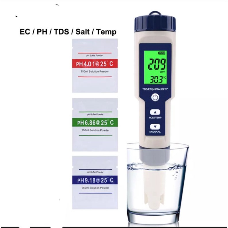 Multi Fungsi ( 5 in 1 ). PH Meter Air, TDS Meter, EC Meter, Suhu & Salinitas Air