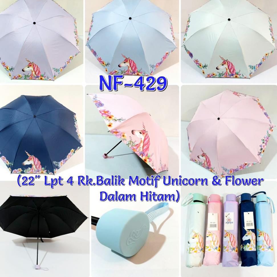 Payung Lipat 4 Nagoya NF 429 Motif Unicorn & Flower Dalam Hitam ▫ PPS.25Ja23ᴺ