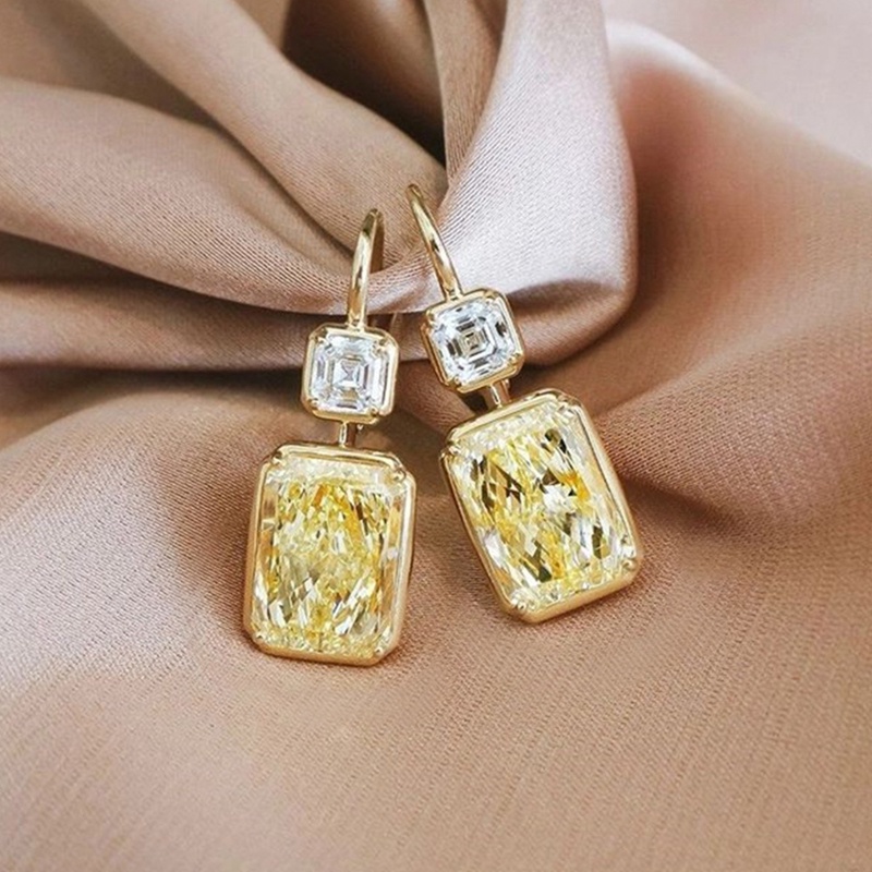 Sederhana Bergaya Persegi Kuning Cubic Zirconia Anting Kait Mewah Warna Emas Wanita Pernikahan Drop Earrings Fashion Perhiasan