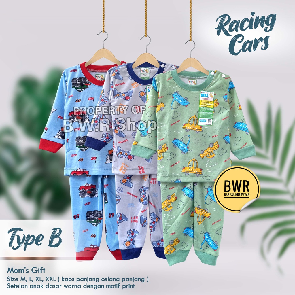 [ 3 Setel ] Setelan PANJANG Moms Gift Racing Car / Baju Bayi Setelan Piyama Anak Unisex Panjang Baju Tidur Terbaru | Bwr