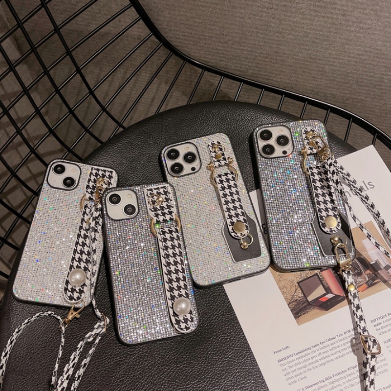 [High Quality] Flash Diamond Wrist Strap Case Untuk IPhone 14,13,12,11 Pro Max Casing Ransel Motif Houndstooth